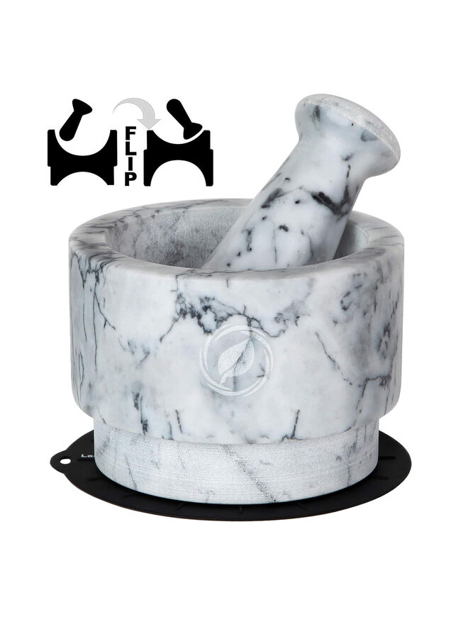 Laevo White Marble Mortar and Pestle Set - Heavy Duty Stone Spice Grinder - 2.1 Cup Capacity, 5.5-Inch Reversible Mortar and Pestle Set for Guacamole, Pesto, Spices - Large