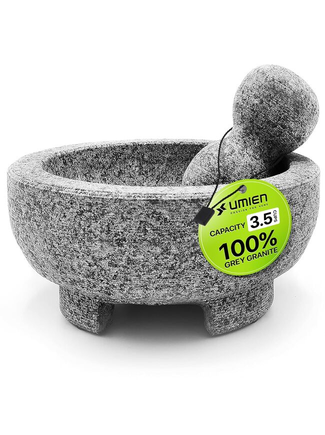 Umien™ Granite Mortar and Pestle Set - 100% Granite - 3.5-Cups - 8-Inch – Avocado Tool Included – Natural Stone Molcajete for Spices, Pestos, & Guacamole (Grey) - Stone Grinder - Guacamole