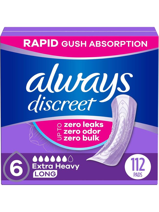 Always Discreet Adult Incontinence Pads for Women, Extra Heavy Absorbency, Long Length, Postpartum Pads, 112 CT