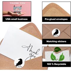 Thank you cards with kraft envelopes and stickers, pack of 100 psc, 4x6 inch, 4 designs, suitable for business, wedding, bridal & baby shower, funeral