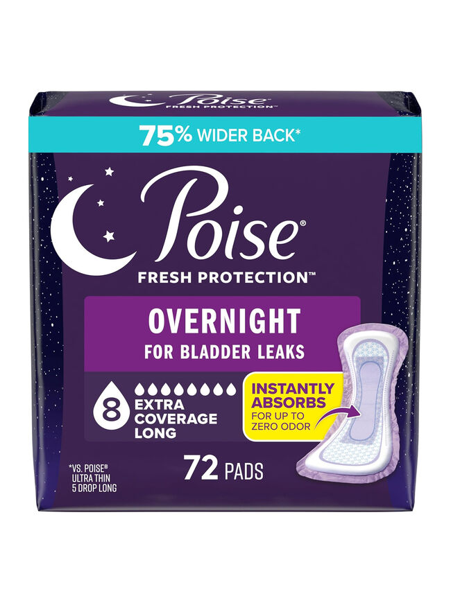 Poise Overnight Incontinence & Postpartum Pads for Bladder Leaks, 8 Drop Extra Coverage, 72 Count (2 Packs of 36), Packaging May Vary