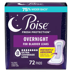 Poise Overnight Incontinence & Postpartum Pads for Bladder Leaks, 8 Drop Extra Coverage, 72 Count (2 Packs of 36), Packaging May Vary