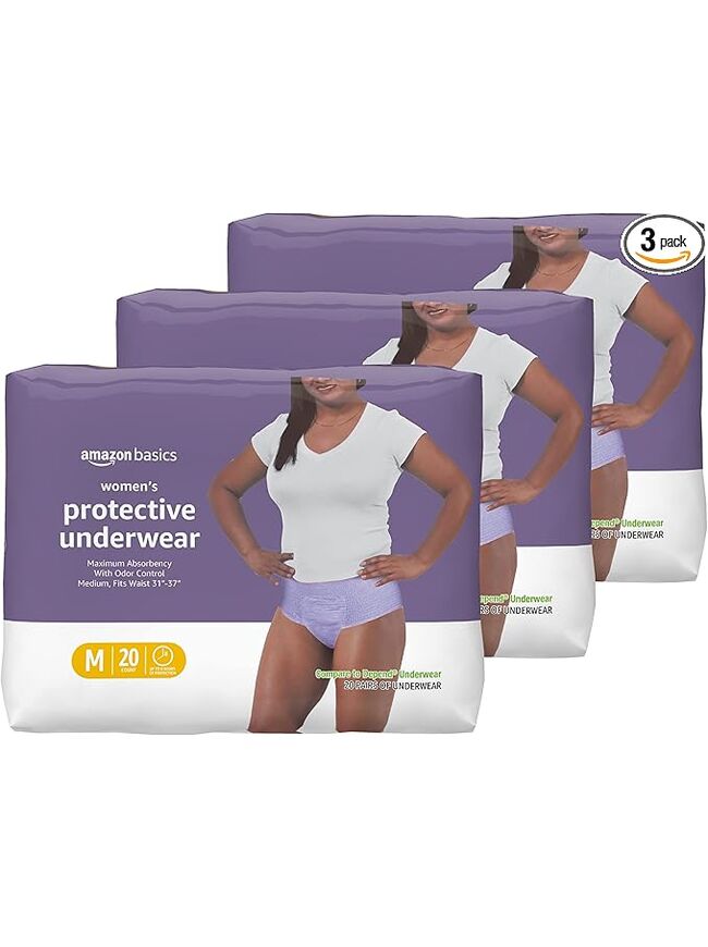 Amazon Basics Incontinence Underwear for Women, Protective, Disposable, Postpartum, Maximum Absorbency, Medium, Lavender, 60 Count (3 Packs of 20)