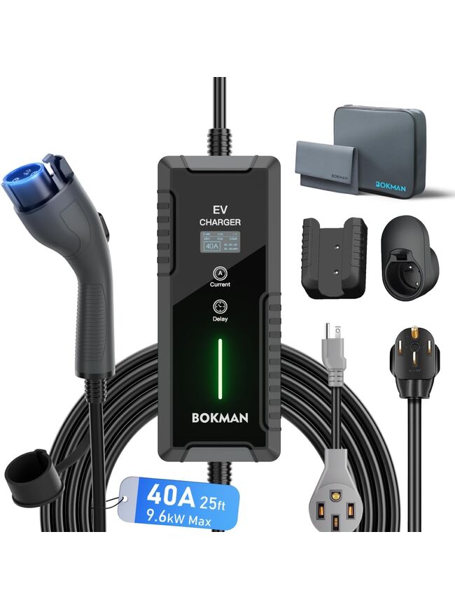 bokman Portable Level 2 EV Charger (240V,40A) Current Adjustable with 25ft Charging Cable and NEMA 14-50+5-15 for SAE-J1772 Electric Vehicles, Reservation Charging Function, BKL24025