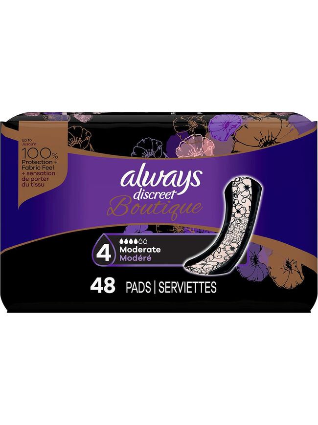 Always Discreet Boutique Incontinence Pads, Size 4, Moderate Absorption, 48 Pads