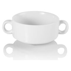 Foraineam Porcelain Bowls with Double Handles 10 Ounce White French Onion Soup Crocks Round Stackable Bowls for Soup, Cereal, Oatmeal, Set of 6