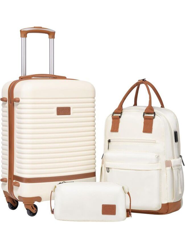 Coolife Suitcase 3 Piece Luggage Set - 20 inch Rolling Carry On, Backpack and Toiletry Bag - White