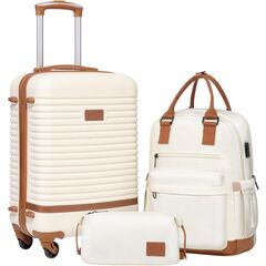 Coolife Suitcase 3 Piece Luggage Set - 20 inch Rolling Carry On, Backpack and Toiletry Bag - White