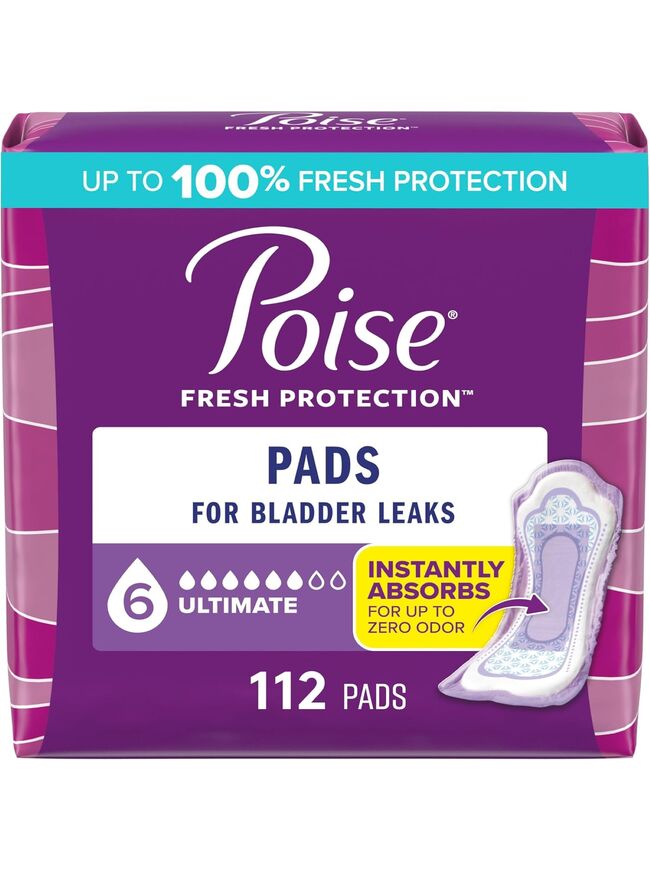 Poise Incontinence & Postpartum Pads for Bladder Leaks, 6 Drop Ultimate Absorbency, Regular Length, 112 Count, Packaging May Vary