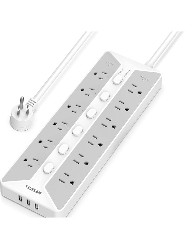 Power Strip with USB, Individual Switches, TESSAN 12 Outlets and 3 USB Ports, Long Extension Cord 6 Feet with Surge Protector for Home, Dorm and Office Accessories, 1700J Protection, Gray