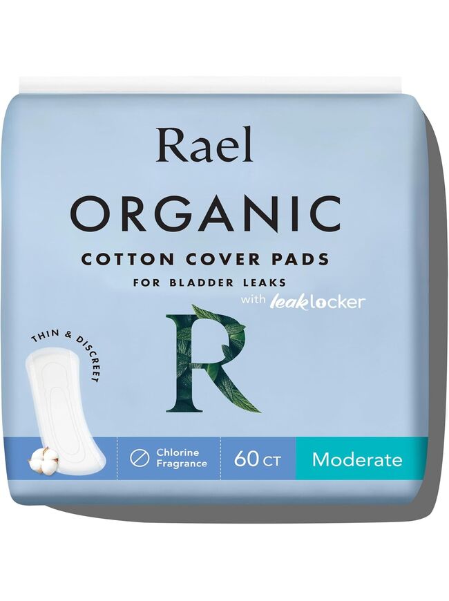 Rael Incontinence Pads for Women, Organic Cotton Cover, Postpartum Essential, Heavy Absorbency, Bladder Control, 4-Layer Core with Leak Guard Technology, Long Length (Moderate, 60 Count)