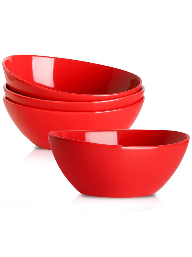 Hasense Porcelain Salad Bowls, Large Serving Dish for Entertaining, 42 Ounce Stackable Dinner Bowls Set of 4 for Salads Cereal Soup Pasta, Dishwasher Microwave Safe, Christmas Holiday Gift, Red