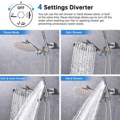G-Promise All Metal 10 Inch Rain Shower Head with Handheld Spray Combo, Contains 4-Setting Soild Brass Diverter with Holder and Adjustable Extension Arm, 71 Inch Extra Long Hose (brushed nickel)