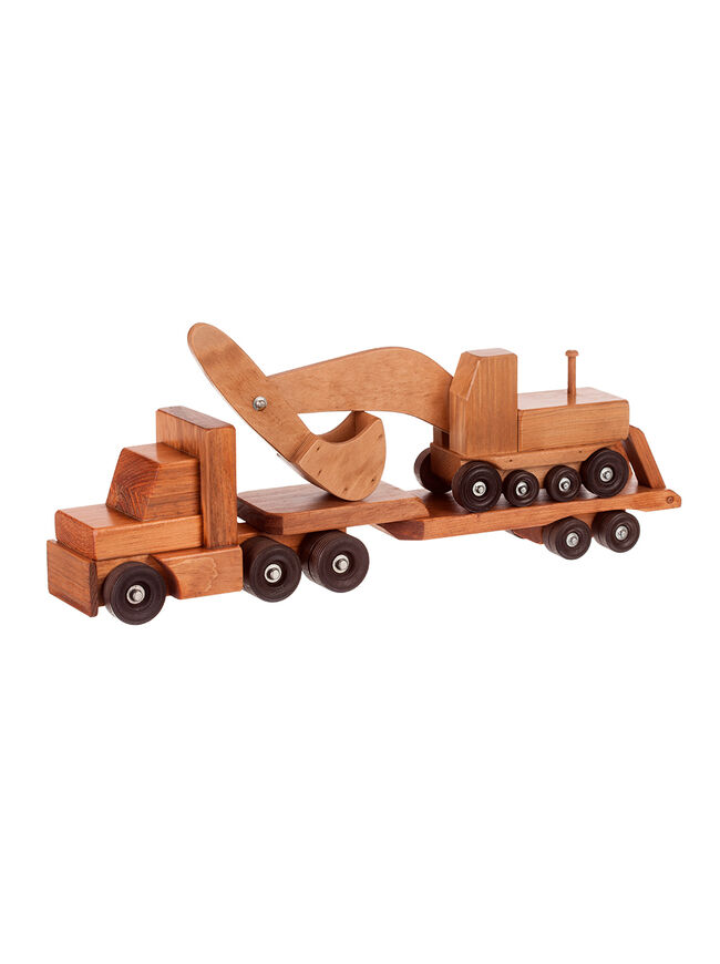 American Made Wooden Toy Excavator (rides on Low Boy Truck) - Harvest