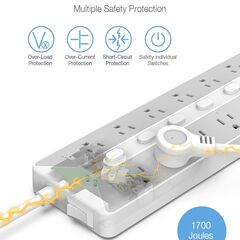 Power Strip with USB, Individual Switches, TESSAN 12 Outlets and 3 USB Ports, Long Extension Cord 6 Feet with Surge Protector for Home, Dorm and Office Accessories, 1700J Protection, Gray