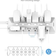 Power Strip with USB, Individual Switches, TESSAN 12 Outlets and 3 USB Ports, Long Extension Cord 6 Feet with Surge Protector for Home, Dorm and Office Accessories, 1700J Protection, Gray