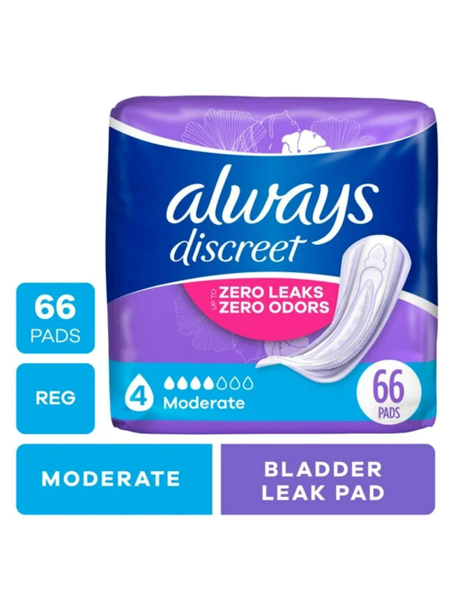 Always Discreet Adult Incontinence Pads for Women, Moderate Absorbency, Regular Length, Postpartum Pads, 66 CT
