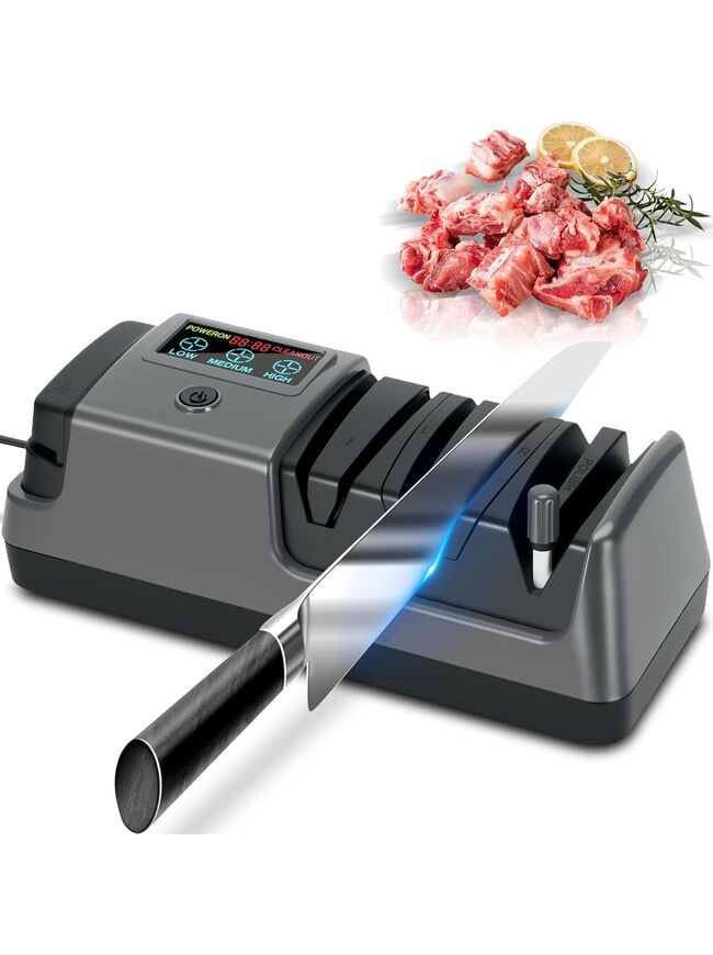 Upgrade 5 in 1 Electric Knife Sharpener with LCD Screen, 3 Rotational Speed Adjustable, 100% Diamond Abrasives, knife sharpener for Straight, Serrated, Meat Cleaver, Ceramic Knives & Scissors, Gray