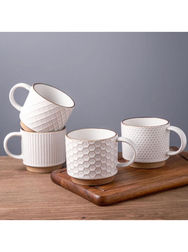 GBHOME 12oz Stackable Ceramic Coffee Mugs with Texture Patterns, Set of 4, Off White