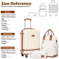 Coolife Suitcase 3 Piece Luggage Set - 20 inch Rolling Carry On, Backpack and Toiletry Bag - White