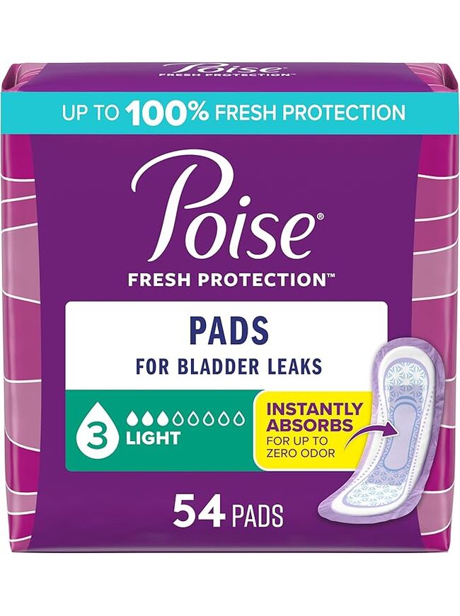 Poise Incontinence & Postpartum Pads for Bladder Leaks, 3 Drop Light Absorbency, Regular Length, 54 Count, Packaging May Vary