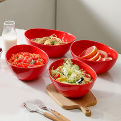 Hasense Porcelain Salad Bowls, Large Serving Dish for Entertaining, 42 Ounce Stackable Dinner Bowls Set of 4 for Salads Cereal Soup Pasta, Dishwasher Microwave Safe, Christmas Holiday Gift, Red