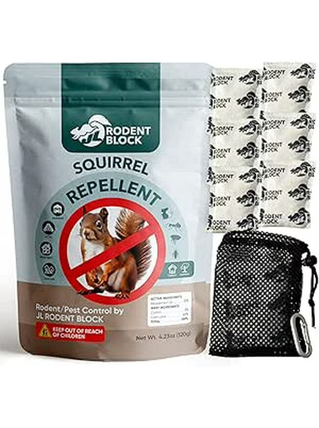 JL Rodent Block Squirrel Repellent Pouch 6-Pack - Powerful Against Mice, Racoons, Chipmunks, Snakes, Mosquitos, Ants. All Natural Ingredients, Refillable Mesh Bag & Carabiner for Hanging
