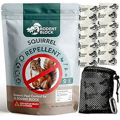 JL Rodent Block Squirrel Repellent Pouch 6-Pack - Powerful Against Mice, Racoons, Chipmunks, Snakes, Mosquitos, Ants. All Natural Ingredients, Refillable Mesh Bag & Carabiner for Hanging