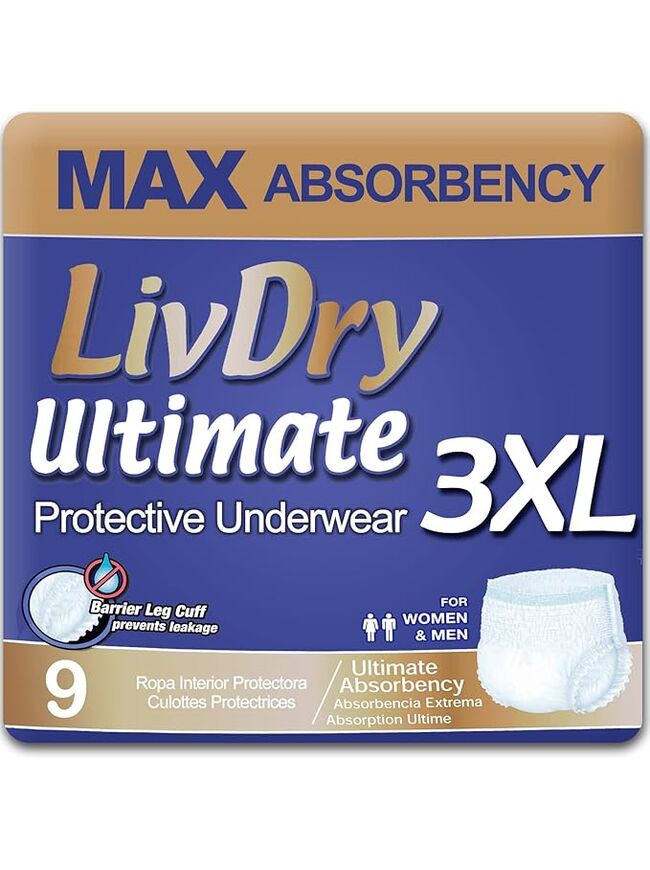 LivDry Ultimate Adult Incontinence Underwear, High Absorbency, Leak Cuff Protection (XXX-Large (9 Count))