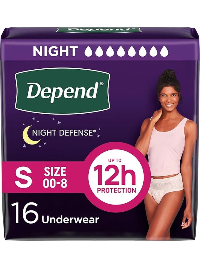 Depend Night Defense Adult Incontinence & Postpartum Bladder Leak Underwear for Women, Disposable, Overnight, Small, Blush, 16 Count, Packaging May Vary