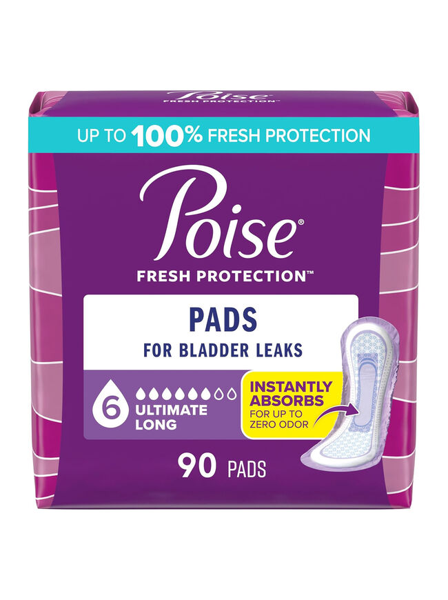 Poise Incontinence & Postpartum Pads for Bladder Leaks, 6 Drop Ultimate Absorbency, Long Length, 90 Count, Packaging May Vary