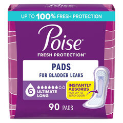 Poise Incontinence & Postpartum Pads for Bladder Leaks, 6 Drop Ultimate Absorbency, Long Length, 90 Count, Packaging May Vary