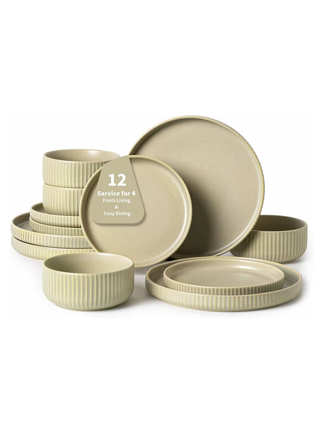 FOBENTA Dinnerware Sets for 4,Microwave Safe Plates and Bowls Sets,12 Piece Dylan Dish Set,Reactive Glaze Stoneware Dinnerware Set (Matte Reactive Glaze-Sage Green, Service for 4 (12pcs))