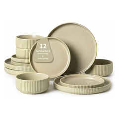 FOBENTA Dinnerware Sets for 4,Microwave Safe Plates and Bowls Sets,12 Piece Dylan Dish Set,Reactive Glaze Stoneware Dinnerware Set (Matte Reactive Glaze-Sage Green, Service for 4 (12pcs))