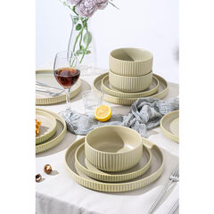 FOBENTA Dinnerware Sets for 4,Microwave Safe Plates and Bowls Sets,12 Piece Dylan Dish Set,Reactive Glaze Stoneware Dinnerware Set (Matte Reactive Glaze-Sage Green, Service for 4 (12pcs))
