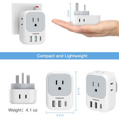 UK Adapters for Travel 2 Pack, TESSAN Type G US to UK Plug Adapter with 4 Outlets 3 USB Charger(1 USB C Port), Power Adaptor for USA to Ireland Scotland Dubai Hong Kong England British Kenya London