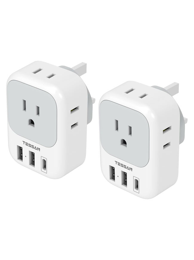 UK Adapters for Travel 2 Pack, TESSAN Type G US to UK Plug Adapter with 4 Outlets 3 USB Charger(1 USB C Port), Power Adaptor for USA to Ireland Scotland Dubai Hong Kong England British Kenya London