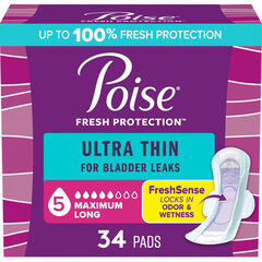 Poise Ultra Thin Incontinence Pads (Postpartum, Wings), 5 Drop Max, Long, 34 Ct 