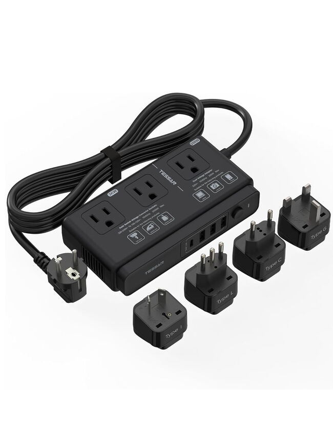 220V to 110V Voltage Converter, TESSAN Universal Travel Adapter with 4 USB Charger (1 USB C), 3 AC Sockets and EU/UK/AU/IT Plug Power Adaptor, Step Down Transformer Outlet Converters for International (Black)