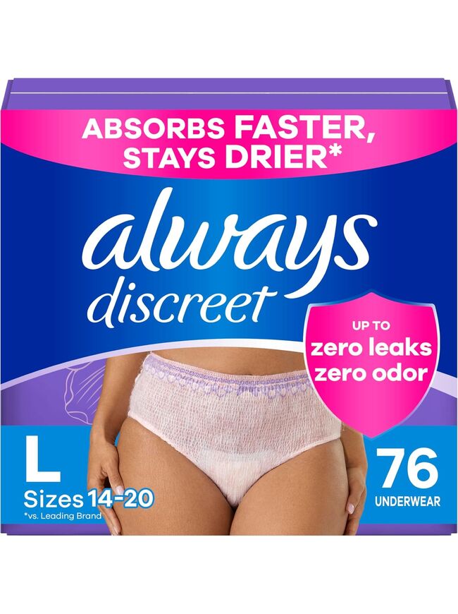 Always Discreet Adult Incontinence Underwear for Women and Postpartum Underwear, L, Up to 100% Bladder Leak Protection, 76 Count (Packaging May Vary)