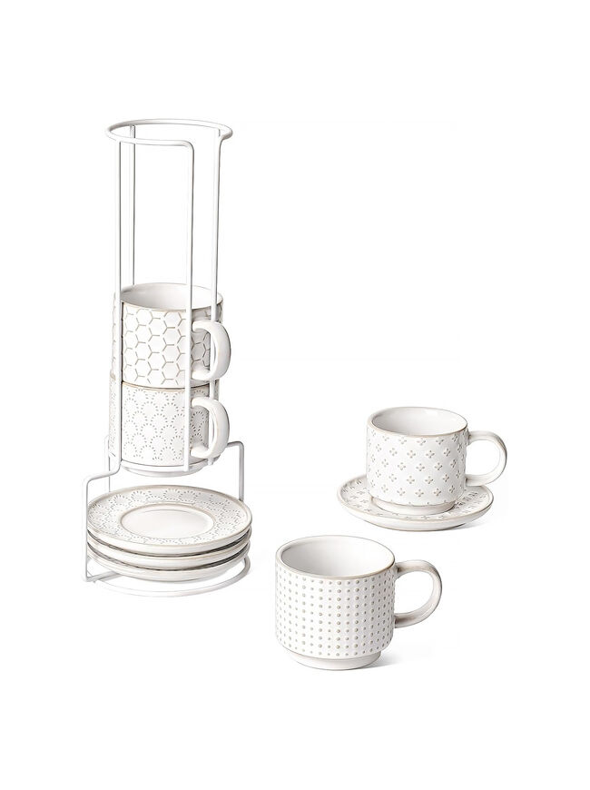 LE TAUCI Stackable Espresso Cups with Saucers and Stand, Set of 4, Arctic white