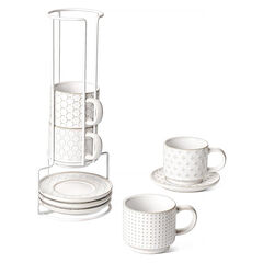 LE TAUCI Stackable Espresso Cups with Saucers and Stand, Set of 4, Arctic white