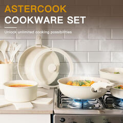 Astercook 21 Pcs Pots and Pans Set Non Stick, Ceramic Cookware Set Detachable Handle, RV Kitchen Cooking Set Removable Handles, Oven Safe, Induction Ready, Stackable Non-stick Set, Cream White