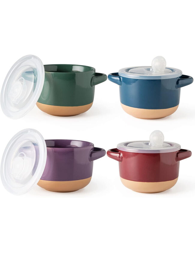 AmorArc 24 Ounces Soup Bowls with Large Handles and Lids, Stoneware Bowls Set of 4 for Soup, Cereal, Stew, Noodle, Colourful Ceramic Kitchen Bowls, Microwave&Dishwasher Safe, Multicolor