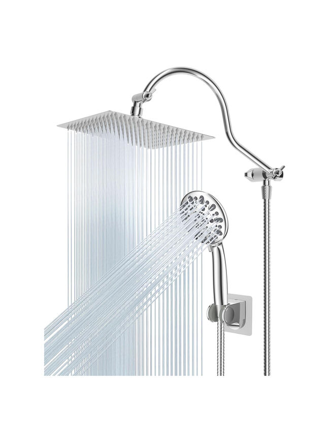 Hibbent 12'' All Metal Shower Head, High Pressure Rainfall Shower Head, Handheld Showerhead Combo, 12'' Adjustable Curved Shower Extension Arm, 7-Spray, 71'' Hose, Adhesive Showerhead Holder, Chrome