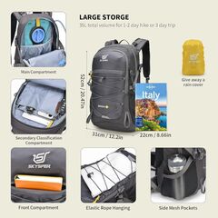SKYSPER Hiking Backpack for Men Women, 35L Travel Backpack Waterproof Camping Backpack Outdoor Lightweight Daypack- Dark Grey
