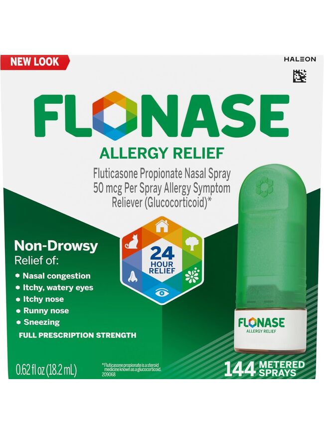Flonase Allergy Relief Nasal Spray, 24 Hour Non Drowsy Allergy Medicine, Metered Nasal Spray - 144 Sprays- Fall and Seasonal Allergy Relief