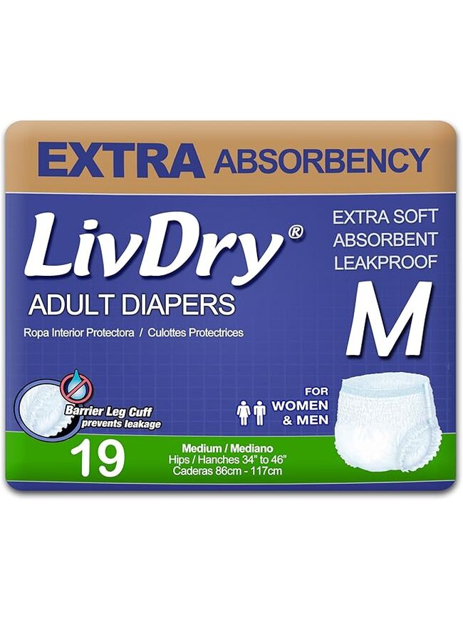 LivDry Adult Incontinence Underwear, Extra Absorbency Adult Diapers, Leak Protection, Medium, 19-Pack
