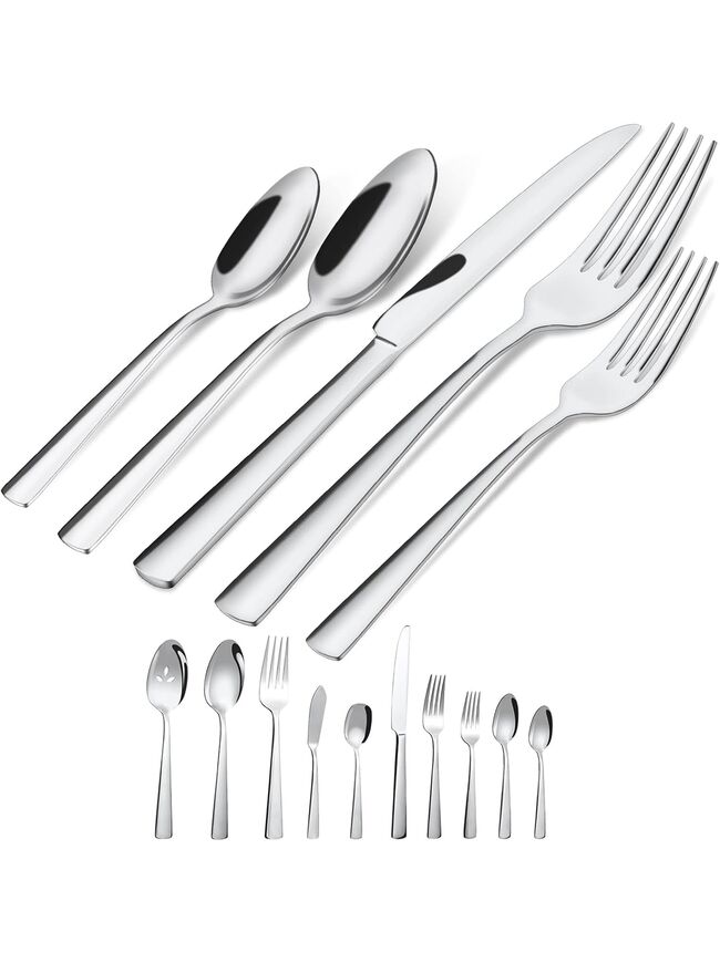 45-Piece Silverware Set Flatware Cutlery Set Service for 8, Durable Stainless Steel Tableware in Ergonomic Design Size and Weight, Kitchen Utensil Sets with Steak Knives, Rust-proof, Dishwasher Safe