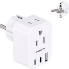Type E F Plug Adapter, HANYCONY Germany France Travel Plug Adapter with 2 Outlets 3 USB Ports(2 USB C)，Schuko Plug Power Adaptor for US to Europe EU Spain Iceland Korea Greece German French